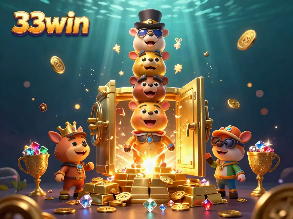 Engage with 33win's vibrant casino world, featuring a golden totem and treasure vault.