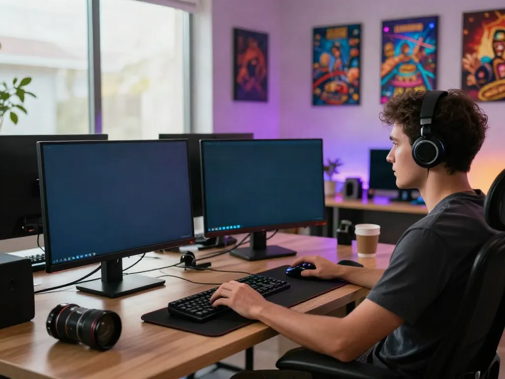 Engaging home office with a player exploring online credit card casinos, showcasing dual monitors and gaming gear.