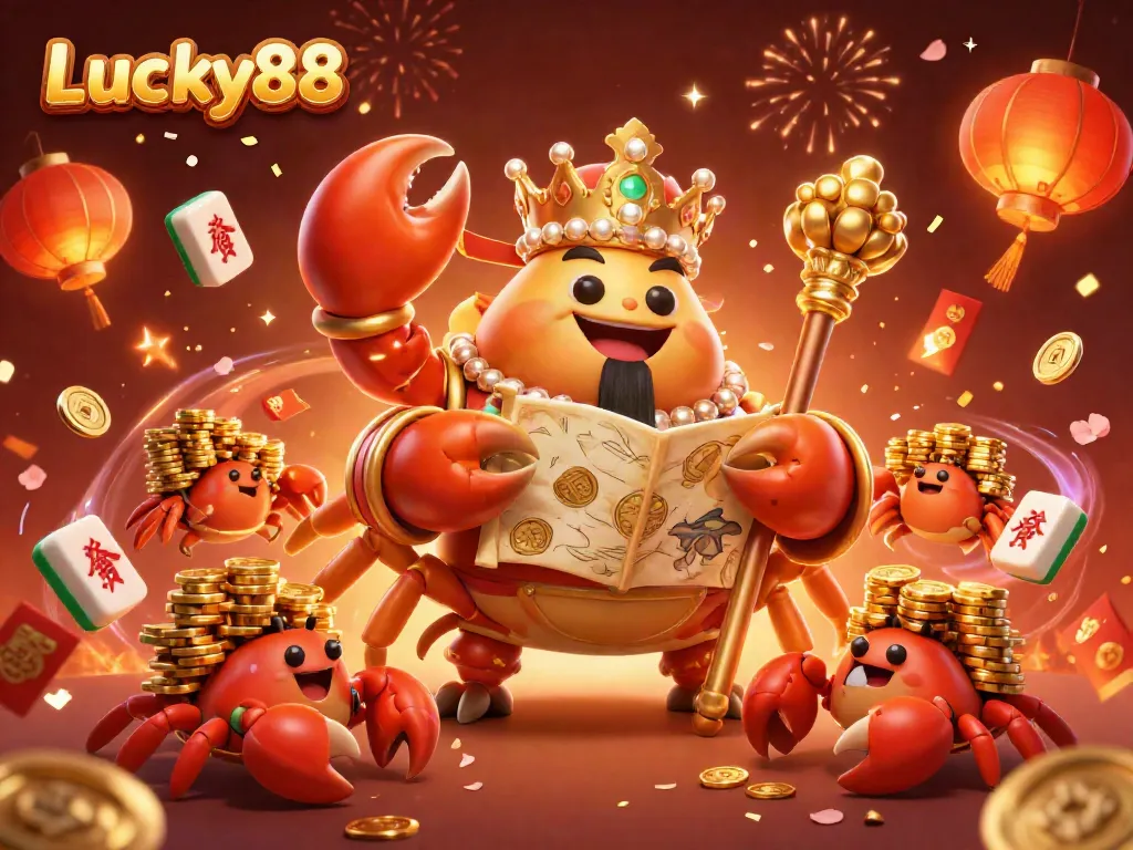Experience excitement with Lucky88 as a golden crab emperor oversees a vibrant casino scene.