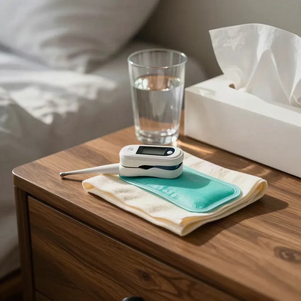 Fever check items clustered on a bedside table in cool morning light.
