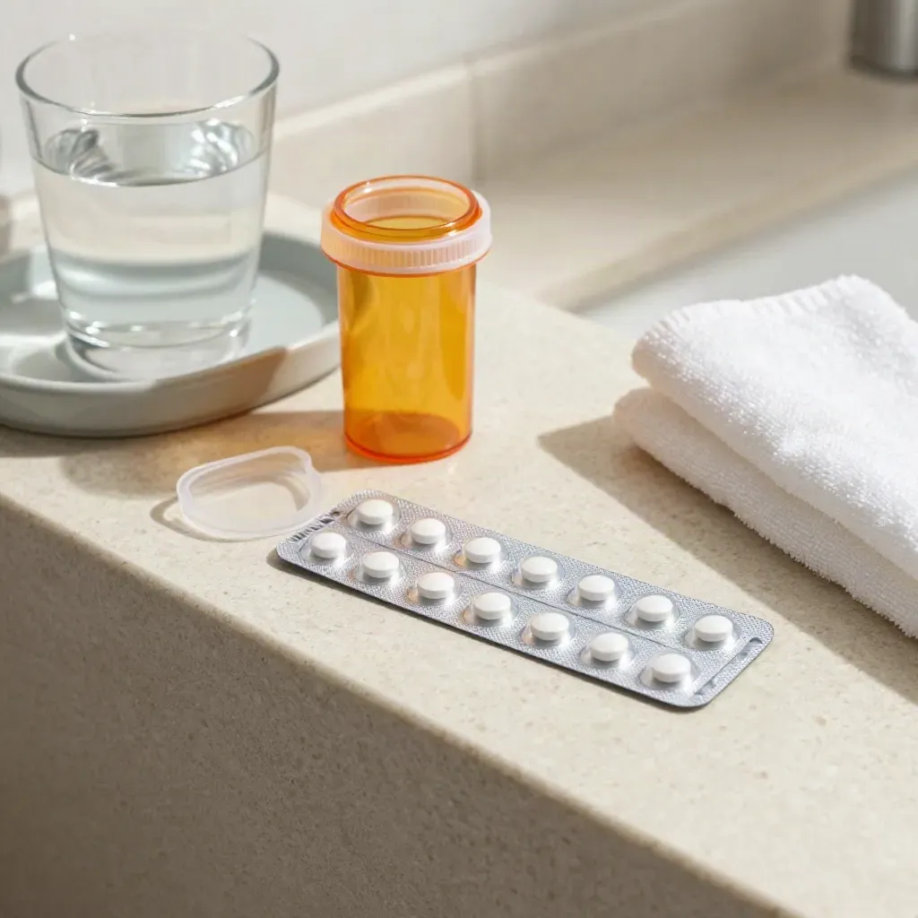 Medicine blister strip, amber bottle, spacer and water on a travertine bathroom ledge