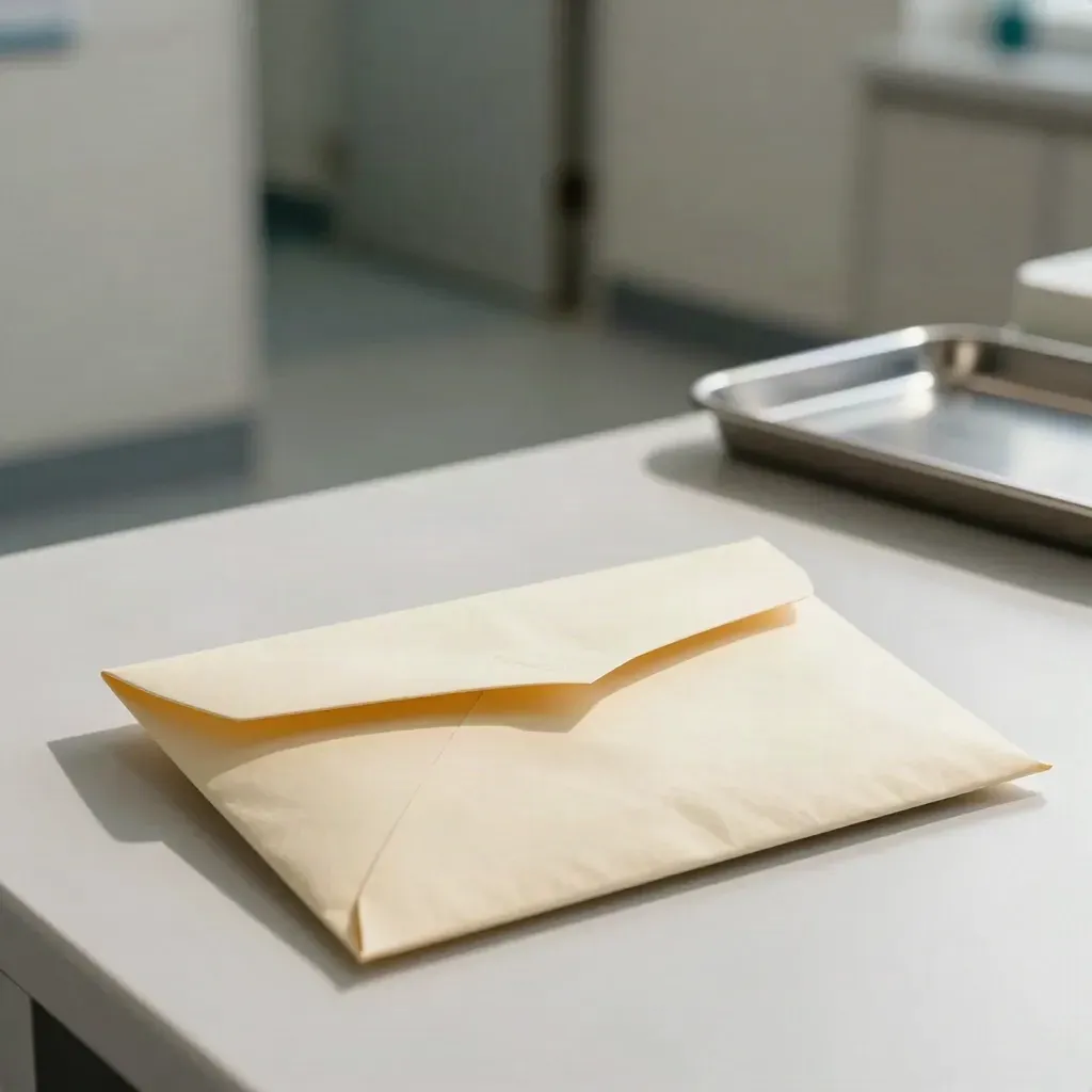 Sealed referral packet on a desk leading toward a quiet clinic corridor