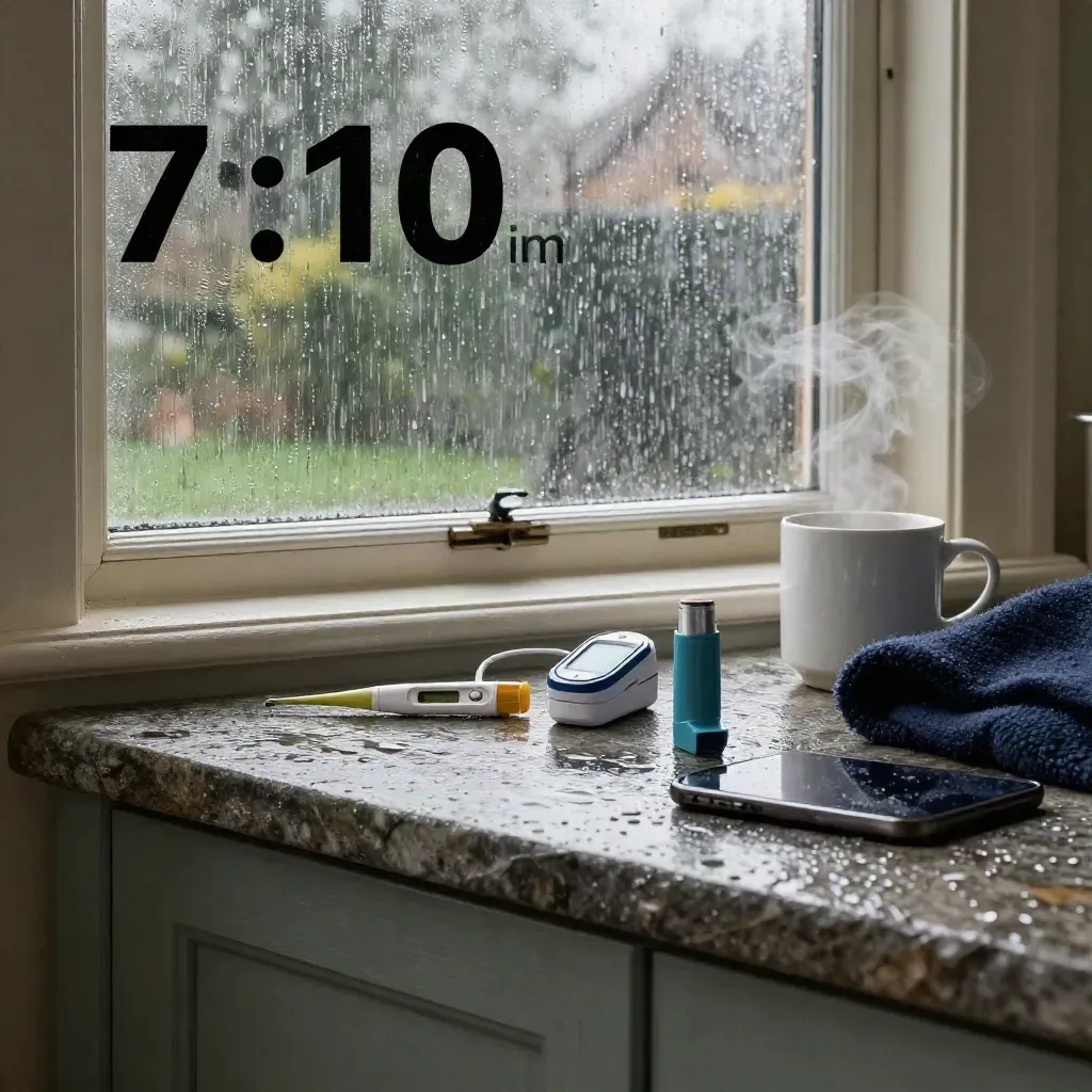 Rainy window medicine kit with thermometer, oximeter, inhaler, blanket and silent phone.