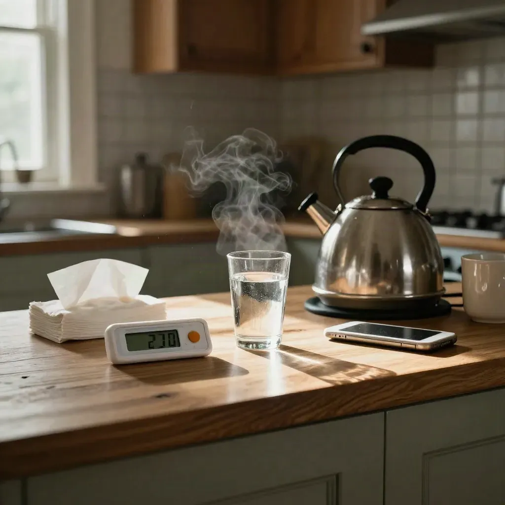 Kitchen counter with thermometer, water, tissues and a phone dock in warm late-afternoon light.