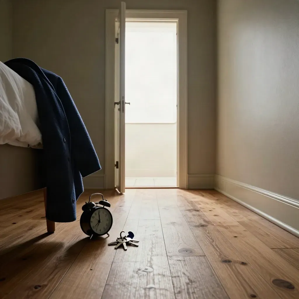 Bedside clock, coat, keys and open door lit by dawn in a quiet hallway, ready to leave