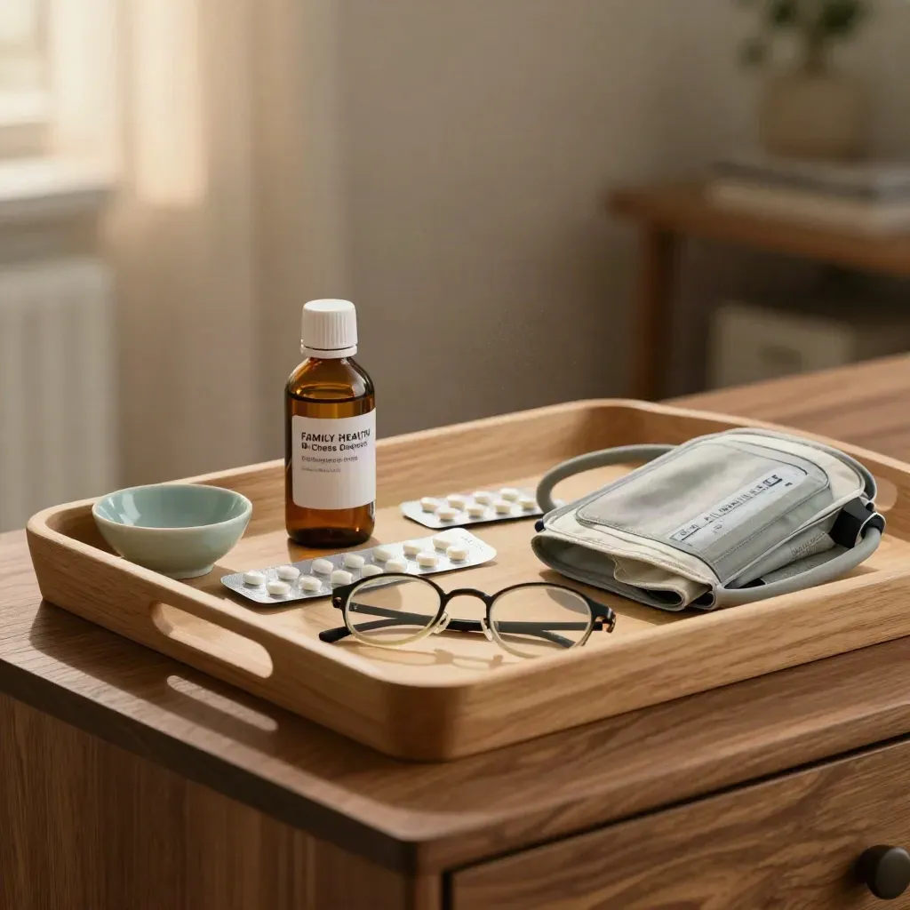 Medicine tray with syrup, tablets, blood pressure monitor, and reading glasses in warm afternoon light.