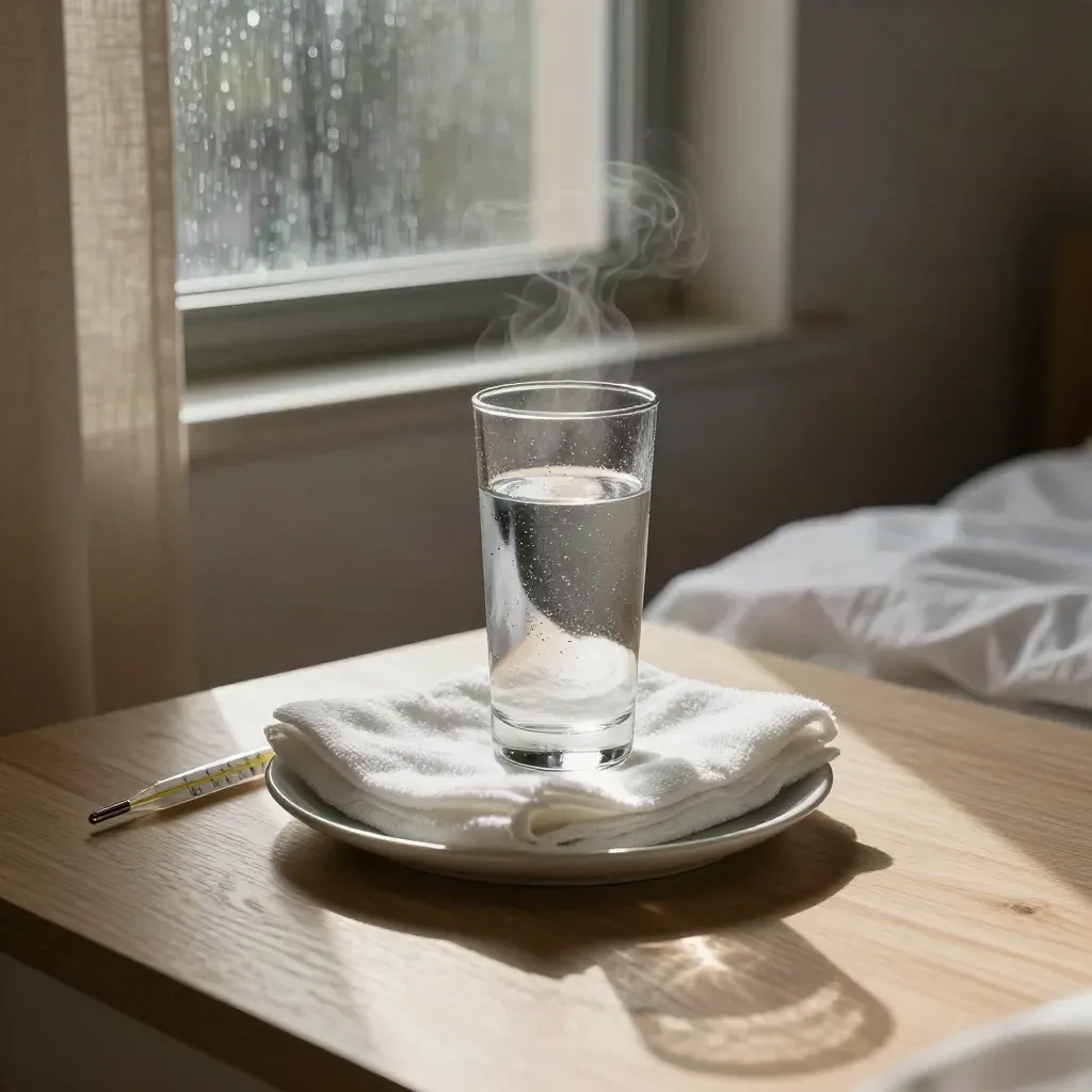 Cooled bedside fever-care setup with water, flannel, thermometer and open window at dusk.