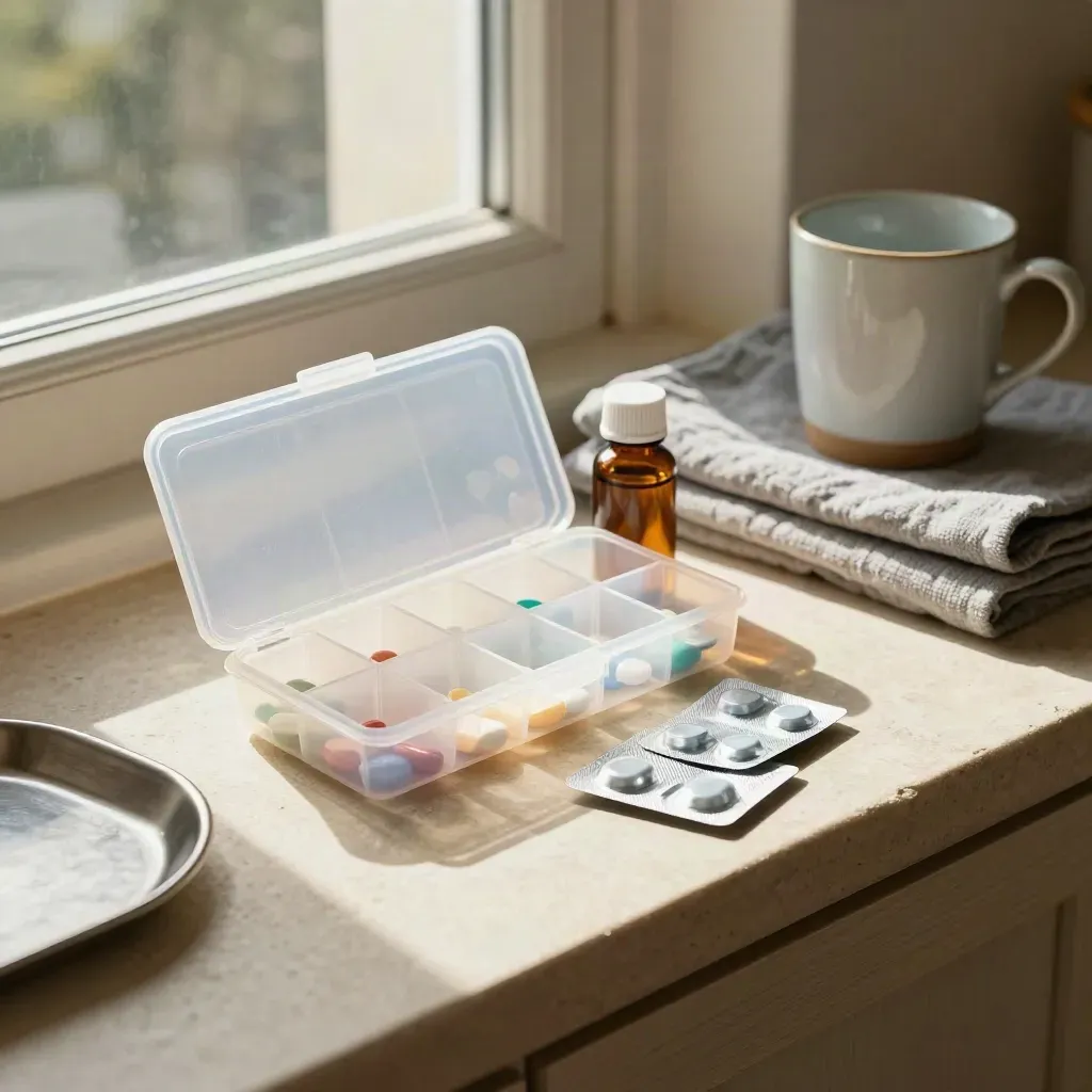 Organised repeat medicine station with pill caddy, amber bottle, blister packs and sealed pharmacy bag.