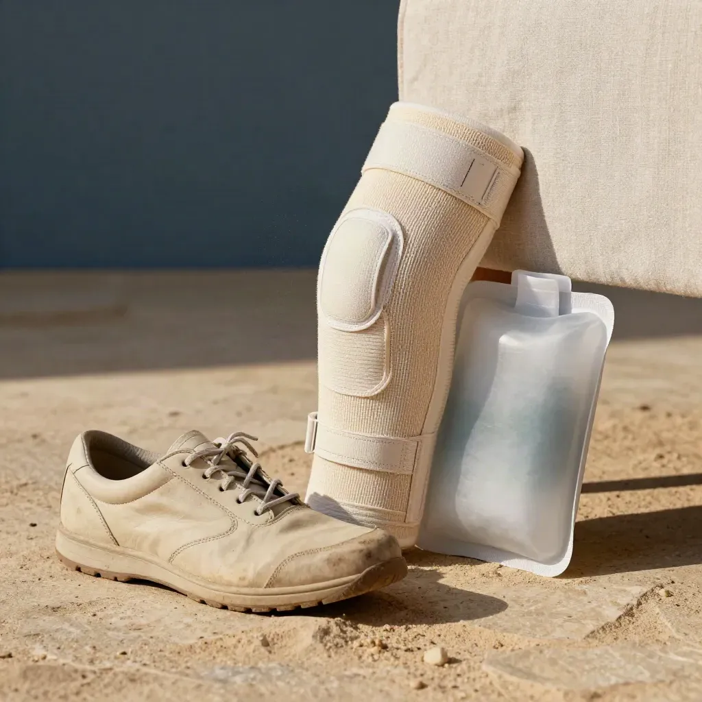 Walking shoe, knee wrap and ice pack beside a chair in a calm recovery setup
