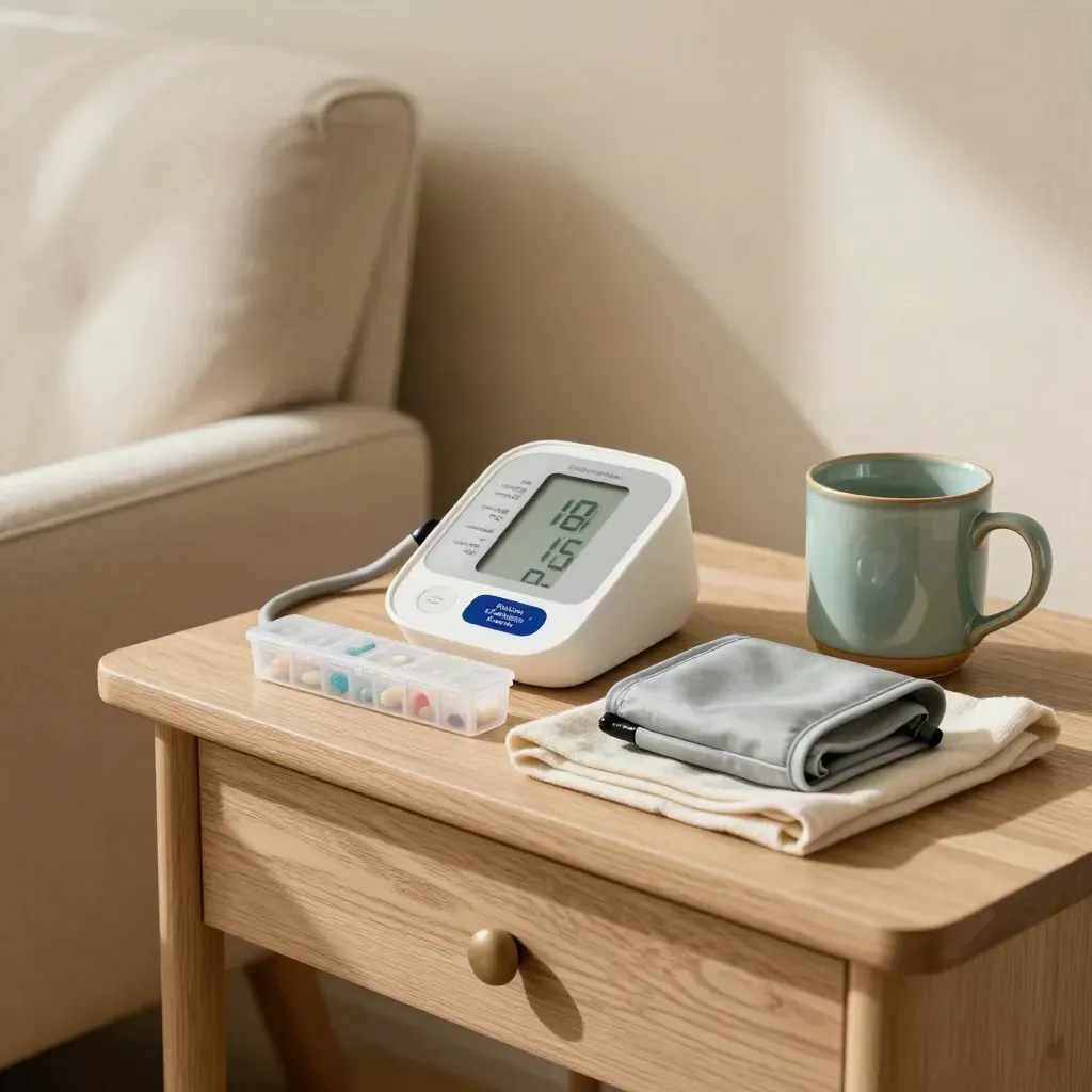 Neat senior-care medicine corner with monitor, pill organiser, hearing-aid case and mug by a window.