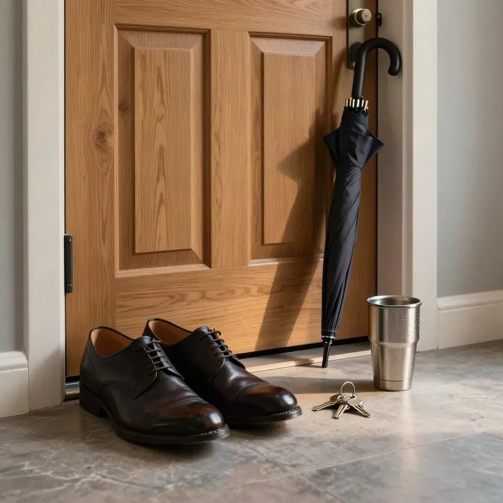 Floor-level hallway departure setup with shoes, keys, umbrella and travel mug at dawn.