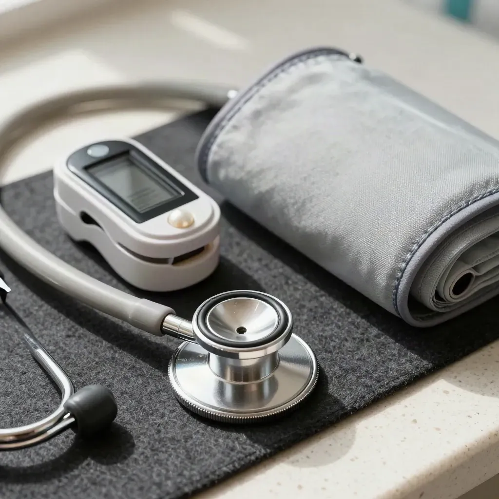 Macro still life of GP tools on felt: stethoscope, penlight, pulse oximeter and cuff.