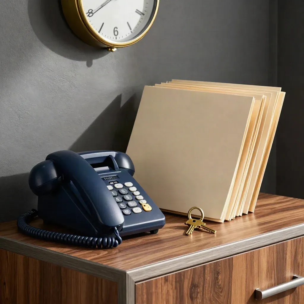 Navy desk phone, brass clock, folders and key ring on a walnut office console.