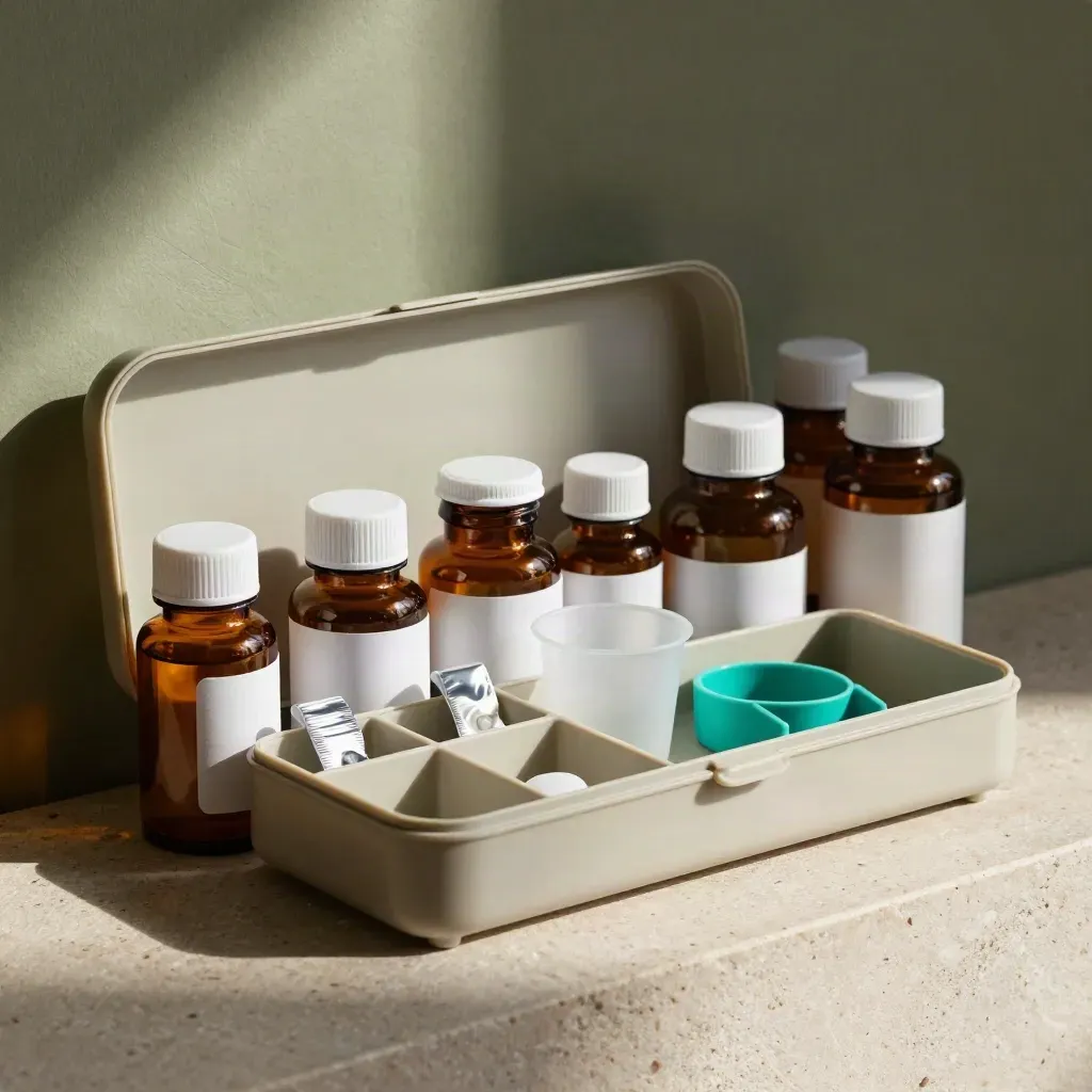Amber medicine bottles, open pill organiser, blister strips, dosing cup and teal spacer on stone.