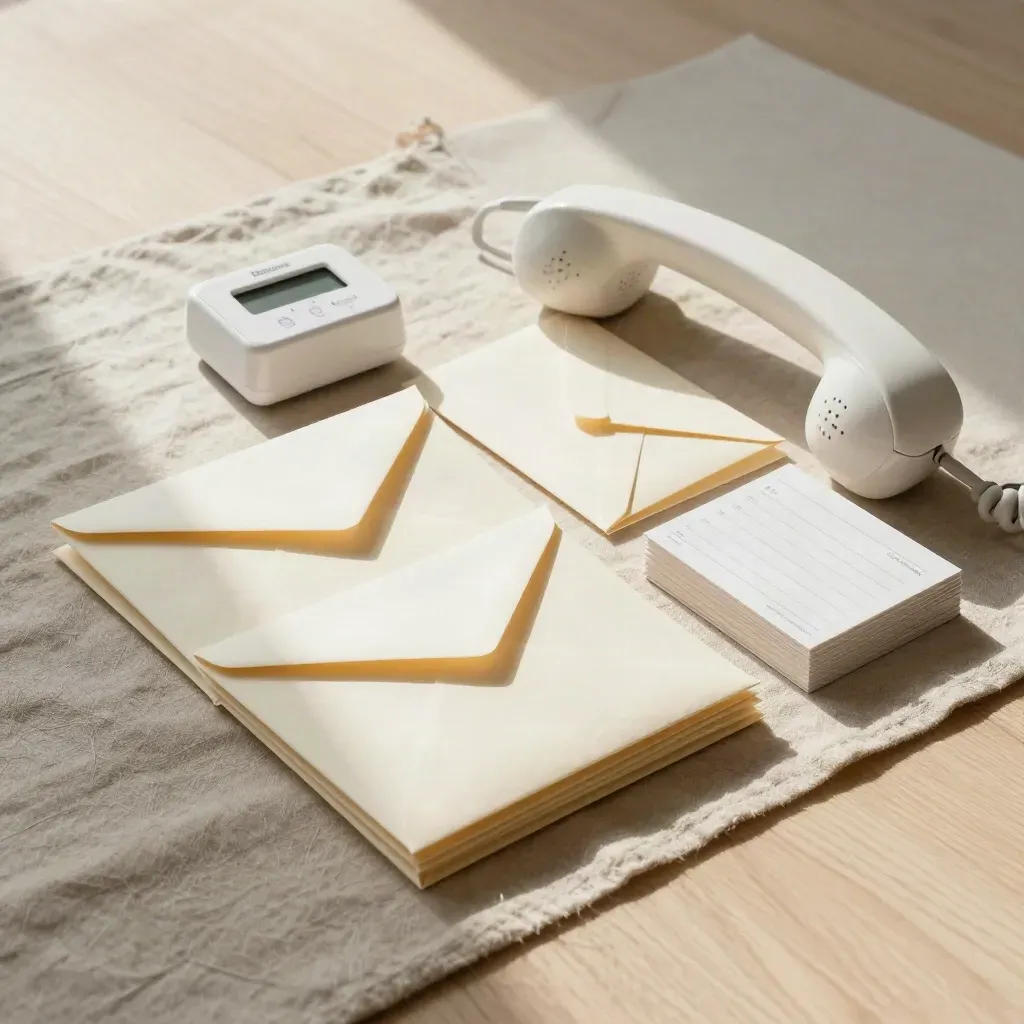 Top-down still life of envelopes, timer, handset and face-down appointment cards on linen.