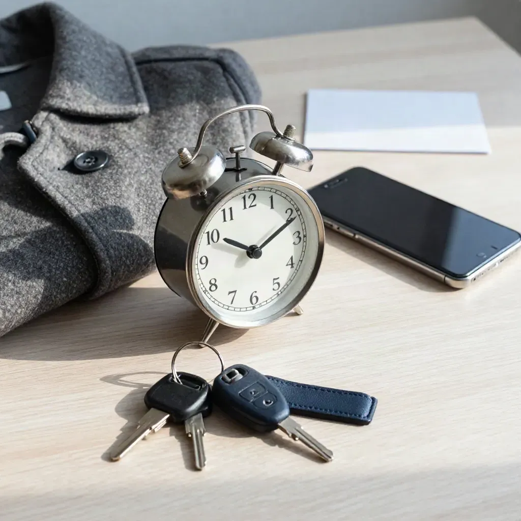 Keys, clock, folded coat and phone on a pale oak desk in cool morning light.