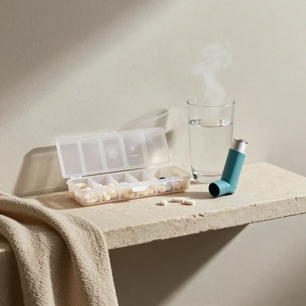 Pill organiser, water glass, inhaler and folded blanket on a stone bathroom shelf with steam.