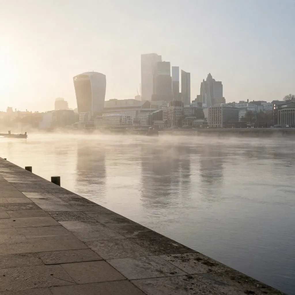 Misty Thames and City skyline at sunrise from a quiet east-London riverbank