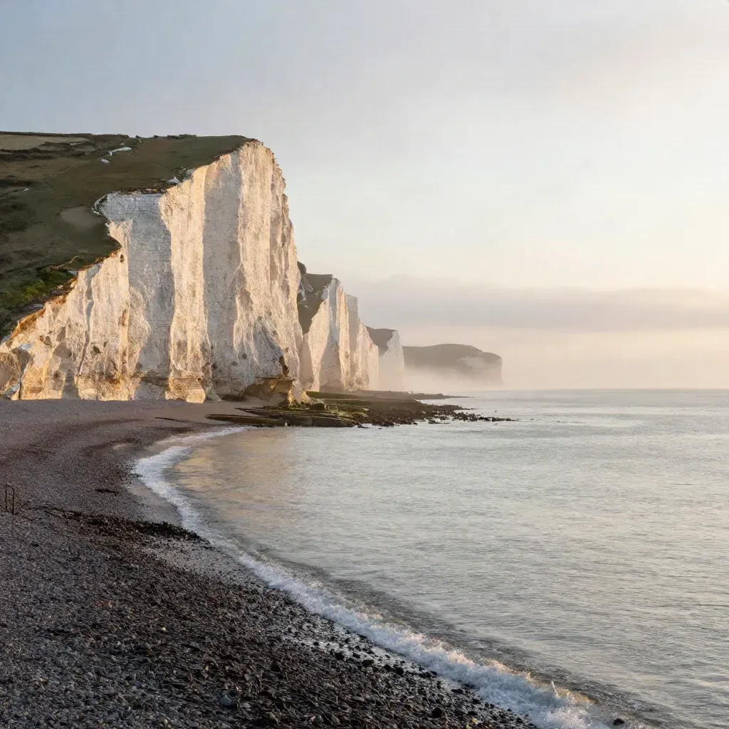 Golden Sussex cliffs above a calm shingle shore and misty sea at sunset