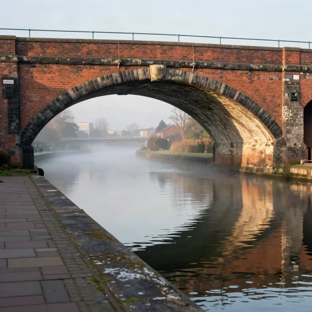 Brick canal bridge over still water in Birmingham at blue hour, misty and calm.
