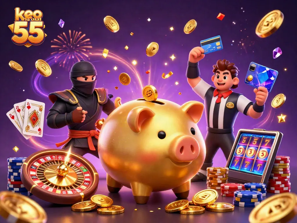 Engage with keo nha cai 55 through dynamic betting action featuring a sumo wrestler and ninja character.
