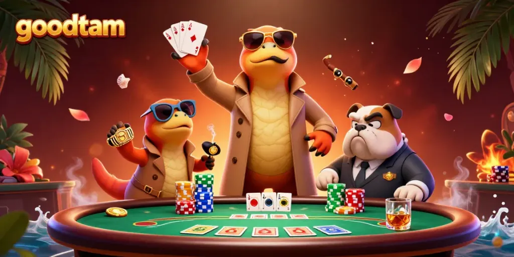 Goodtam players encounter three cartoon raptors disguised in a trench coat at a vibrant casino scene.