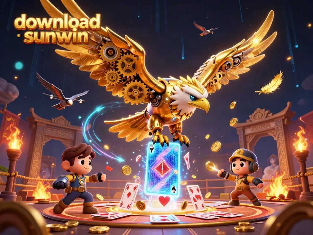 Experience the excitement of download sunwin with a dynamic 3D scene featuring a golden eagle and vibrant game elements.