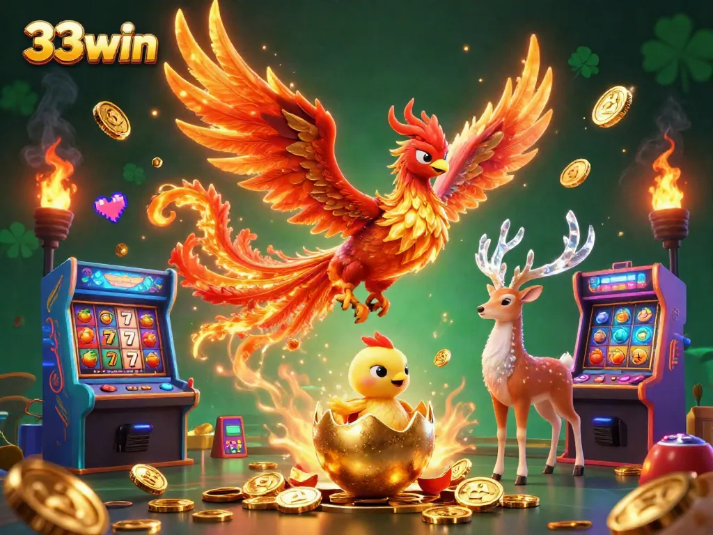 Experience the vibrant gaming atmosphere with 33win's mesmerizing phoenix and casino elements.