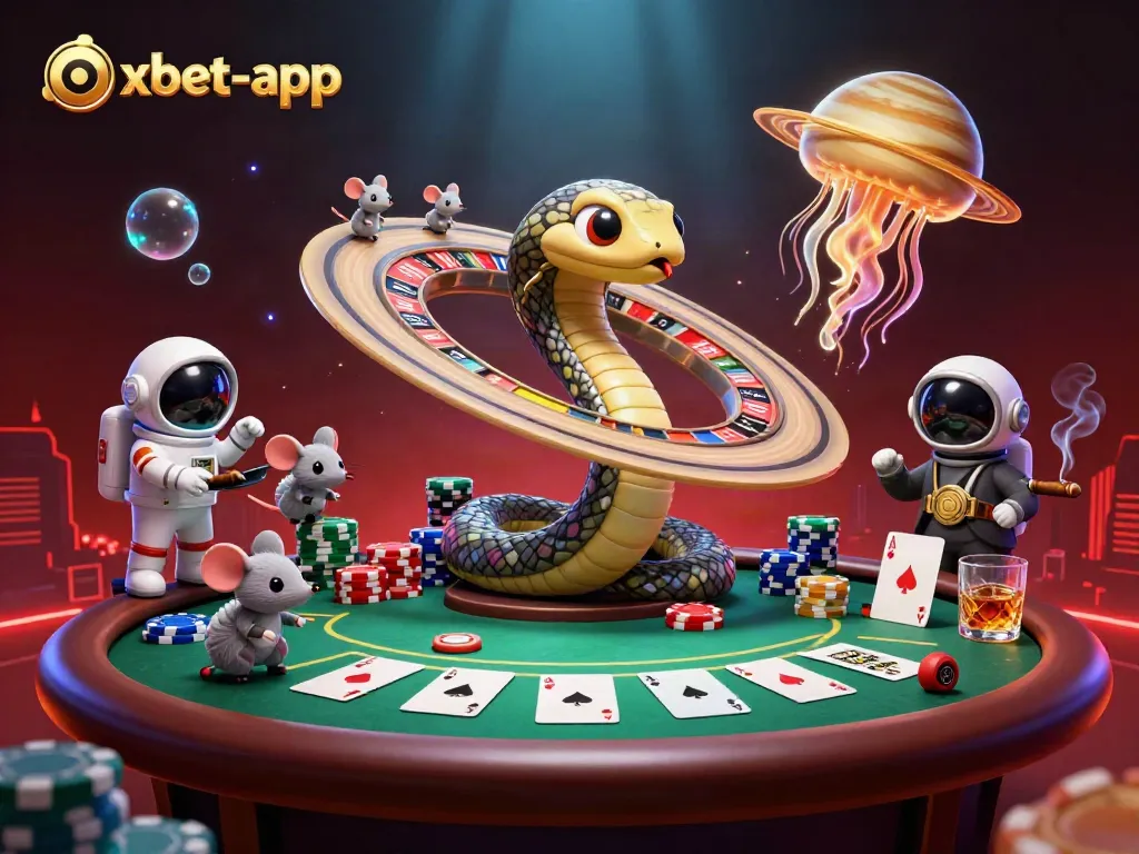 Experience thrilling bets at oxbet-app with astronaut mice playing on a cosmic roulette wheel.