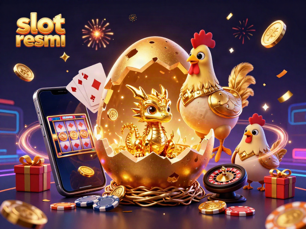 Experience the exciting "slot resmi" scene with a golden baby dragon surrounded by vibrant casino elements.