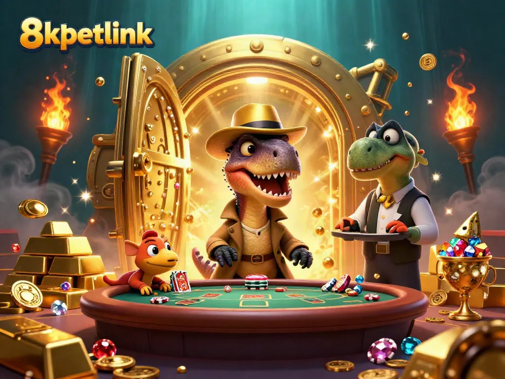 Action-packed scene showcasing 8xbetlink with a velociraptor card counter at a blackjack table.