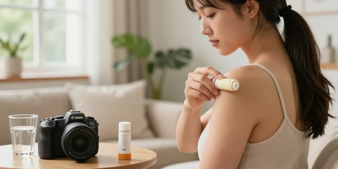 Check it out for relief with CBD Pain Roller Stick used for soothing muscle tension in a serene home setting.