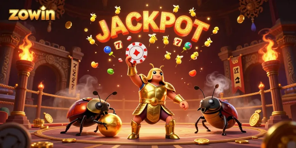 Engage with the exhilarating world of zowin, showcasing a victorious beetle in a vibrant casino setting.