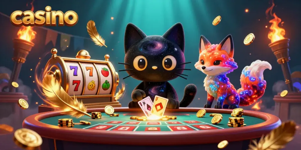 Experience a cosmic casino scene with a black hole cat and colorful nebula fox pulling in golden chips.