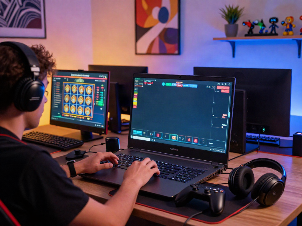 Player engaged in thrilling online gaming at http://gem88-mobile.com, surrounded by colorful LED lights and gaming paraphernalia.