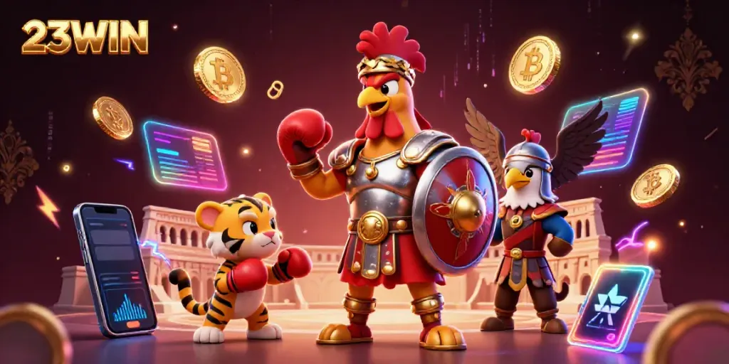 Experience thrilling action at 23WIN with a dynamic 3D illustration showcasing gladiatorial casino elements.