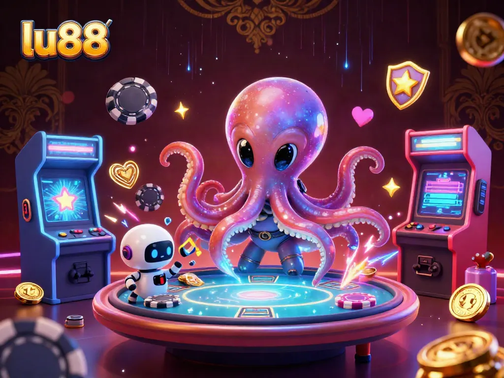 lu88 showcases an alien octopus at a holographic poker table amidst vibrant casino elements.