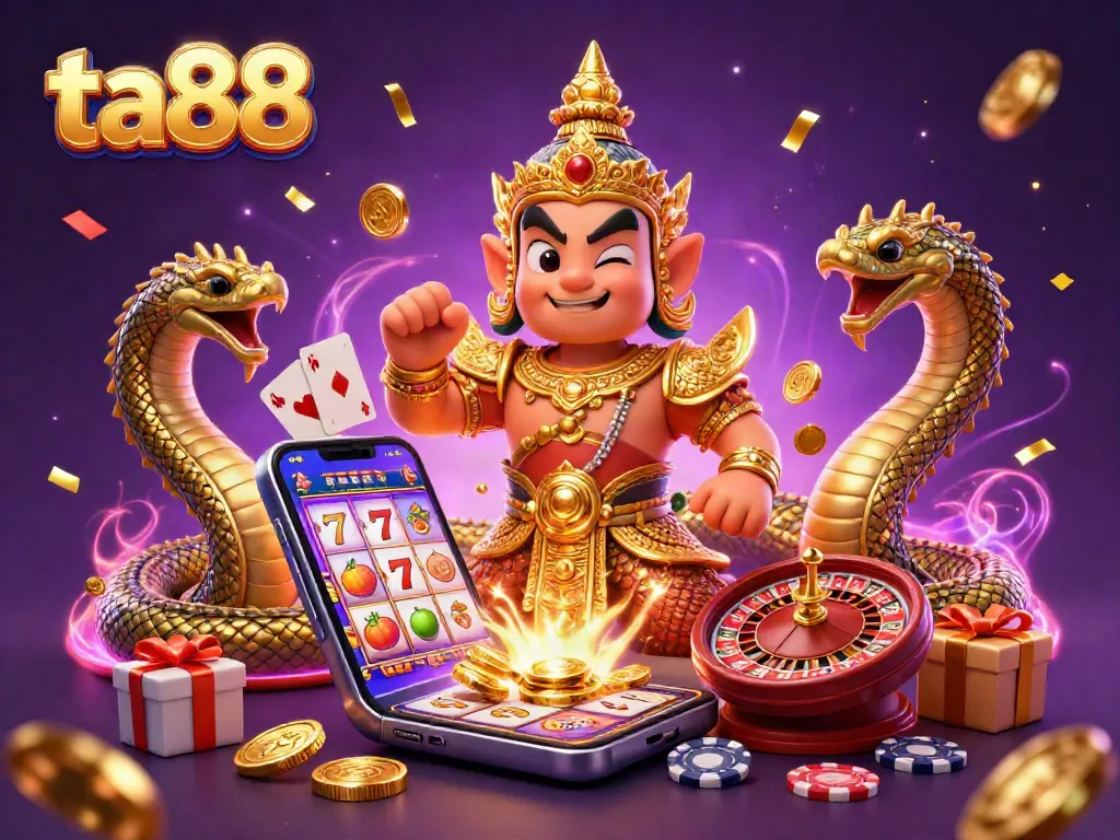 Engage in thrilling slot games at ta88 with an epic graphically rich 3D scene showcasing colorful characters and casino elements.