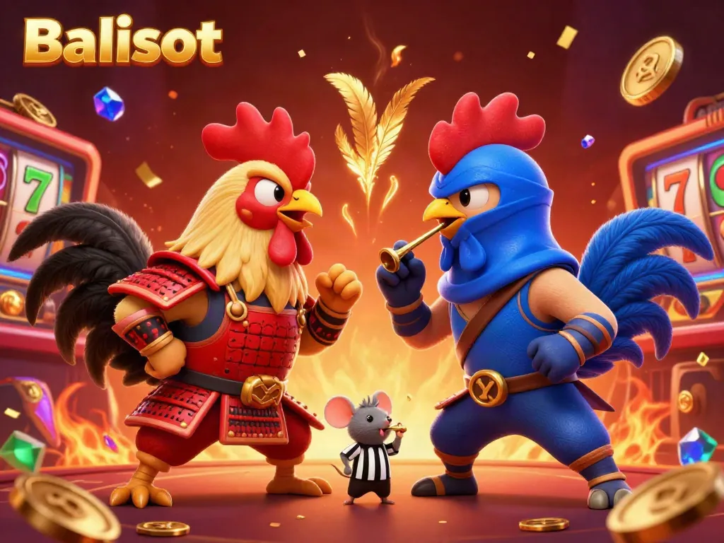 Balislot showcases twin roosters in a dramatic standoff surrounded by slot reels and gold coins, epitomizing engaging casino action.