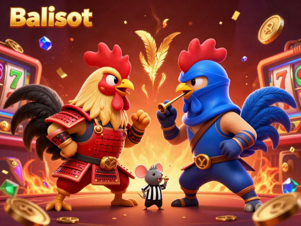 Balislot showcases twin roosters in a dramatic standoff surrounded by slot reels and gold coins, epitomizing engaging casino action.