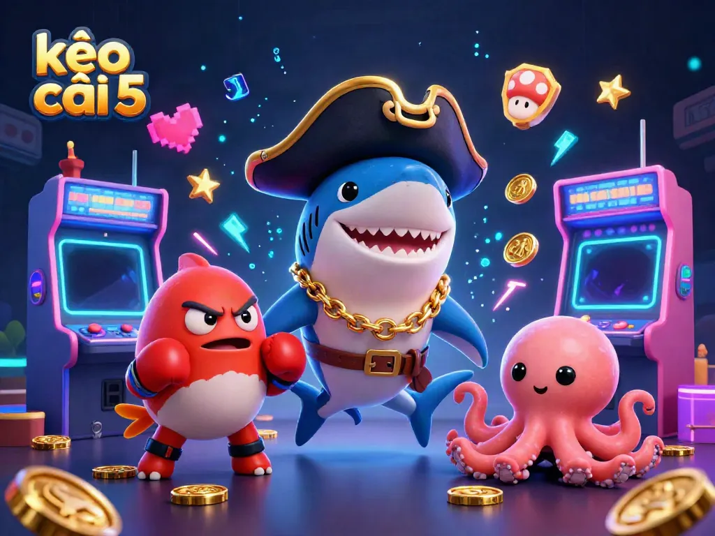Engage with kèo nhà cái 5's exciting 3D cartoon scene featuring vibrant characters, arcade elements, and colorful gaming aesthetics.