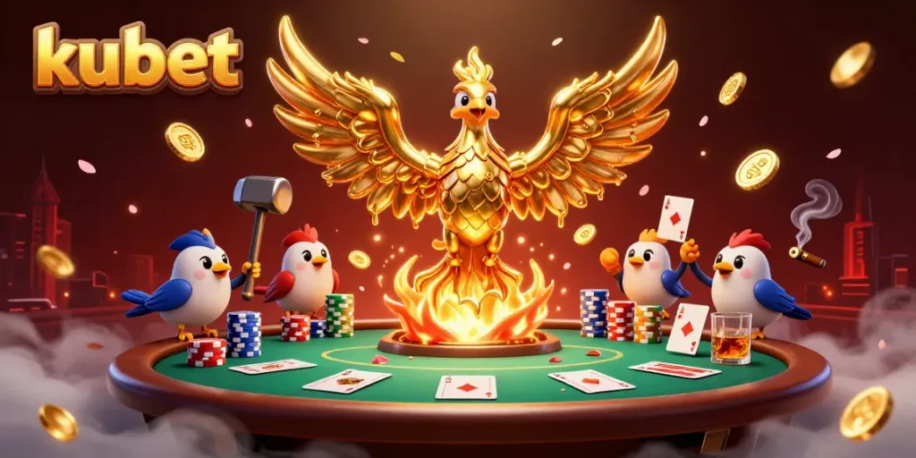 Experience thrilling gameplay at kubet with a golden phoenix and poker scene.