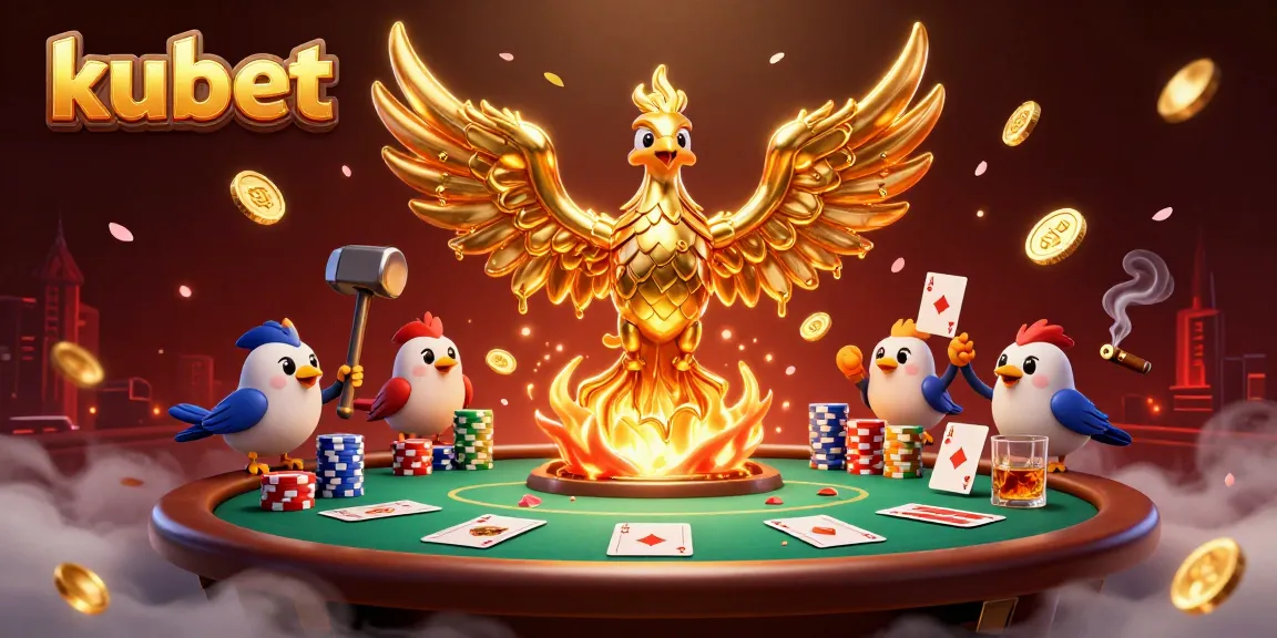 Experience thrilling gameplay at kubet with a golden phoenix and poker scene.