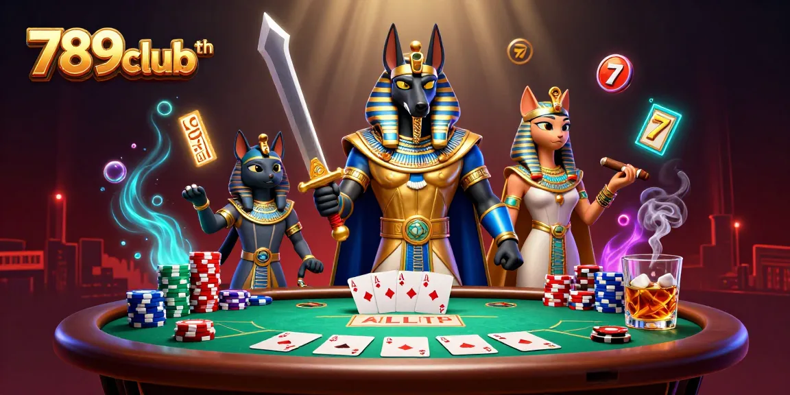 Experience thrilling gameplay at 789clubth with Anubis and Bastet amidst vibrant gambling elements.